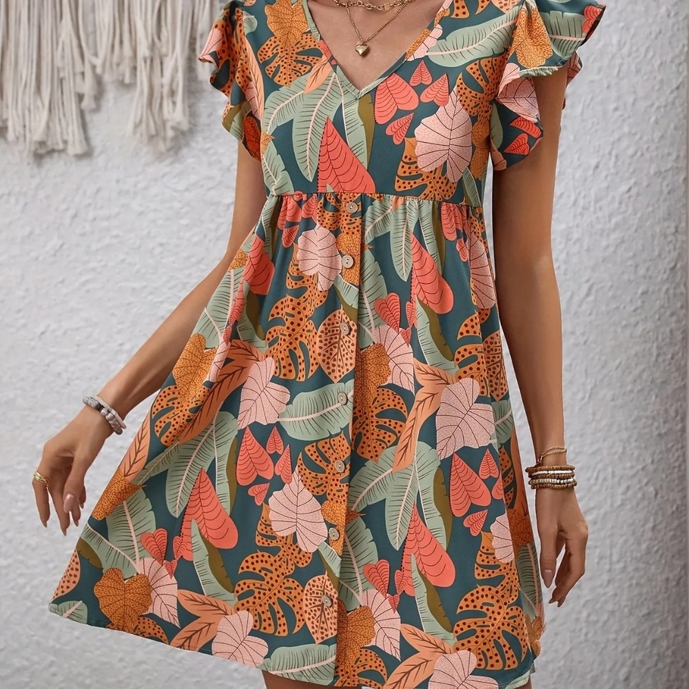 Pink and Green Ruffled Tiered Sundress with V-Neck